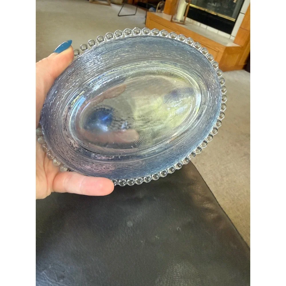 Vintage Indiana Blue Glass Hen on Nest Covered Dish Beaded Rim Candy Bowl Farm